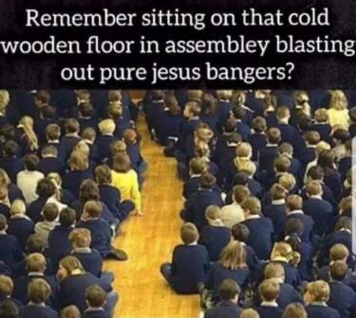 Students sitting on a cold wooden floor in assembly, capturing the nostalgic magic of growing up in the ’90s.