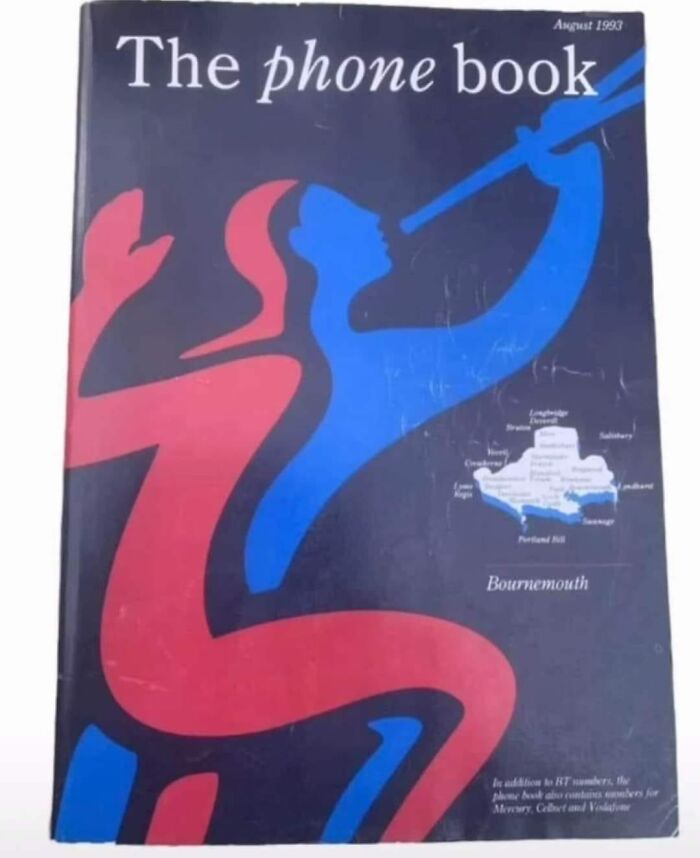 Vintage August 1993 phone book cover with abstract red and blue figures, evoking nostalgia of growing up in the ’90s.