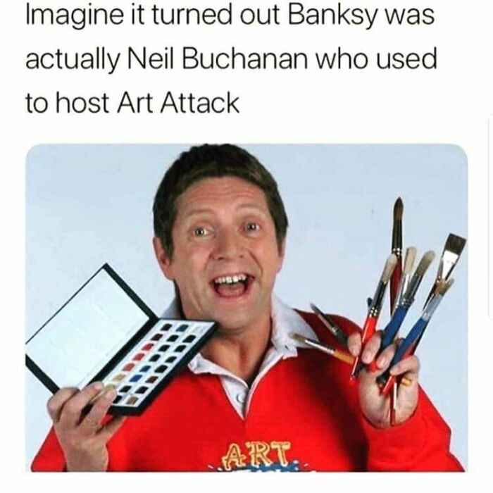 Man in red Art Attack shirt holding paintbrushes and watercolor palette, nostalgic 90s childhood memory theme.