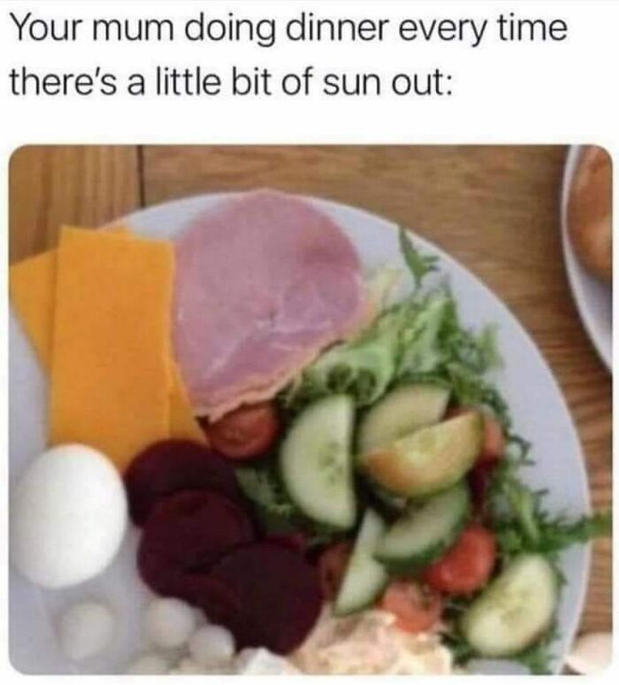 Plate of salad, cheese, ham, and egg illustrating nostalgic posts capturing the magic of growing up in the ’90s.