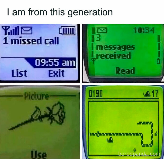 Old mobile phone screens showing missed calls, messages, pixel art, and snake game capturing nostalgia of growing up in the ’90s.