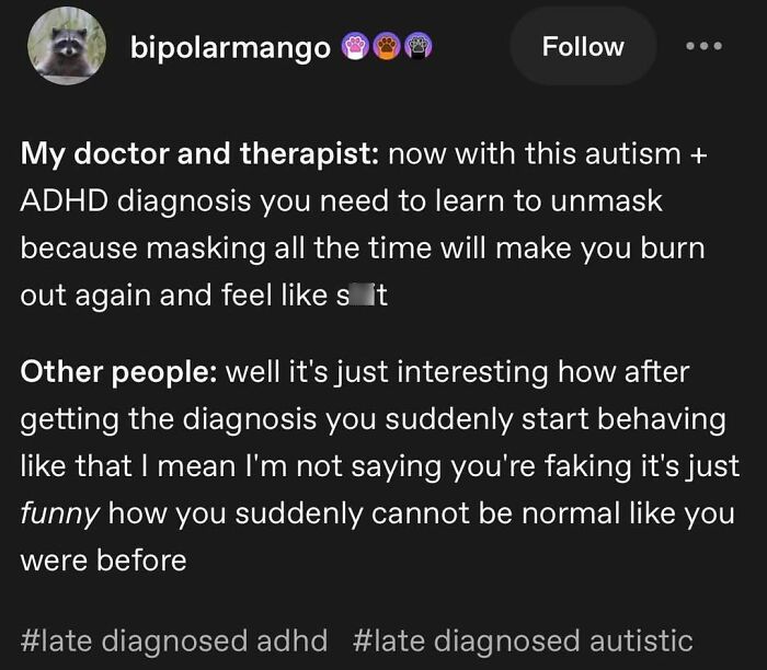 Social media post discussing autism and ADHD diagnosis, masking struggles, and relatable neurodivergent experiences.