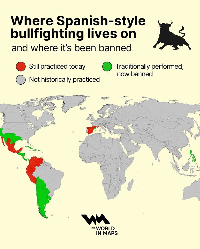 World map showing where Spanish-style bullfighting is still practiced, banned, or not historically practiced.