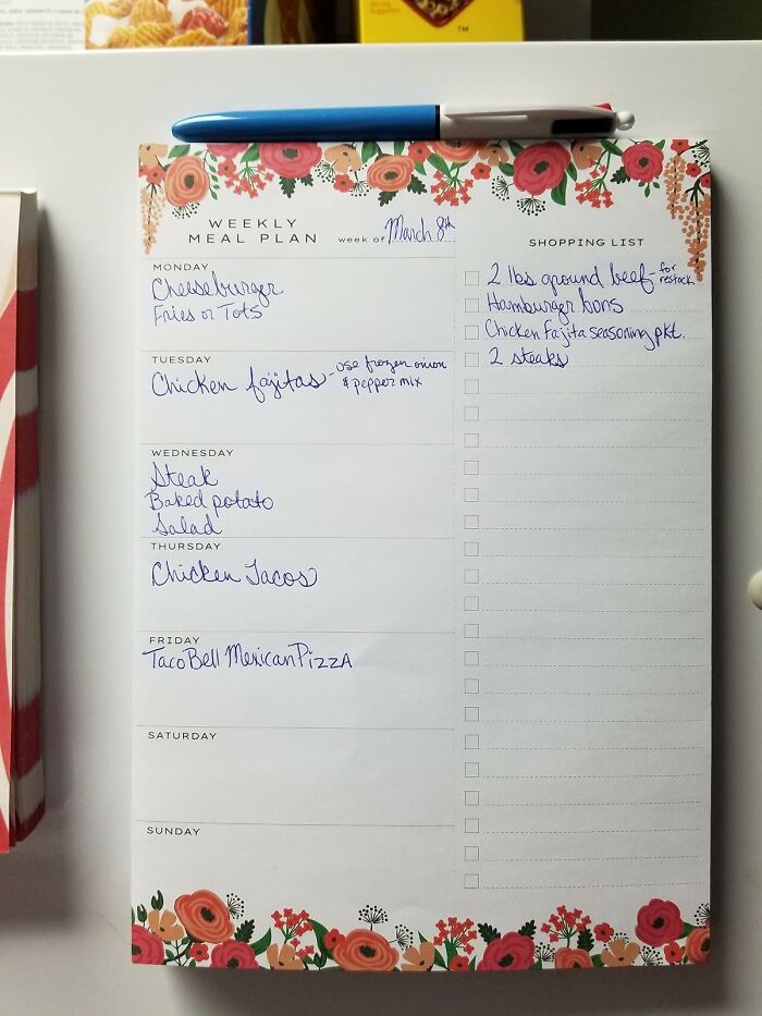 Weekly meal plan and shopping list with handwritten meals and grocery items for dopamine novelty finds inspiration.