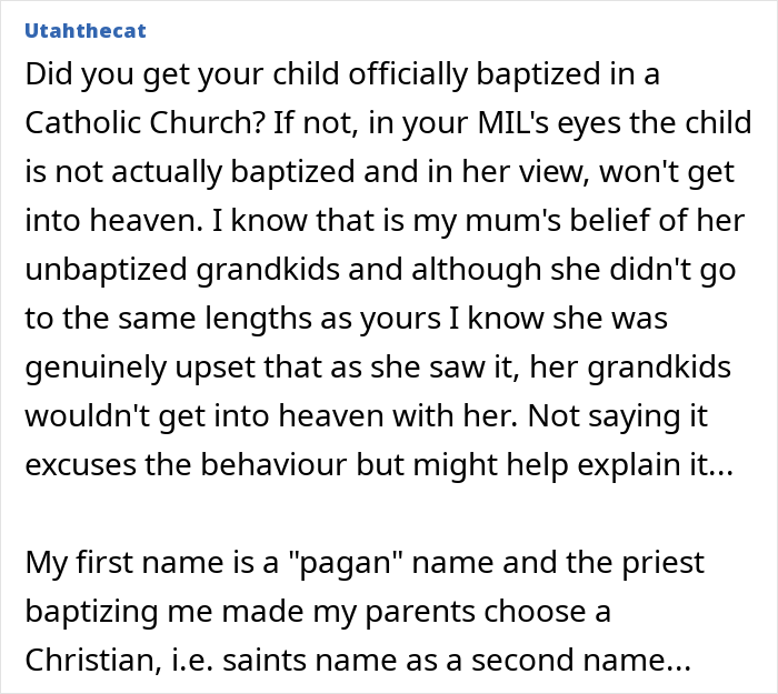 Text excerpt discussing MIL demanding a more Christian baby name and mom&rsquo;s discomfort over religious naming concerns.