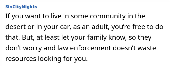 Text excerpt discussing living in the desert or car and advising family notification to prevent wasted law enforcement resources. - 20