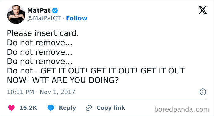 Text meme showing escalating ATM card prompts, capturing the humor and frustration found in social anxiety memes online.