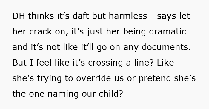 Text excerpt about MIL demanding a more Christian baby name causing discomfort between mom and family over naming the child.