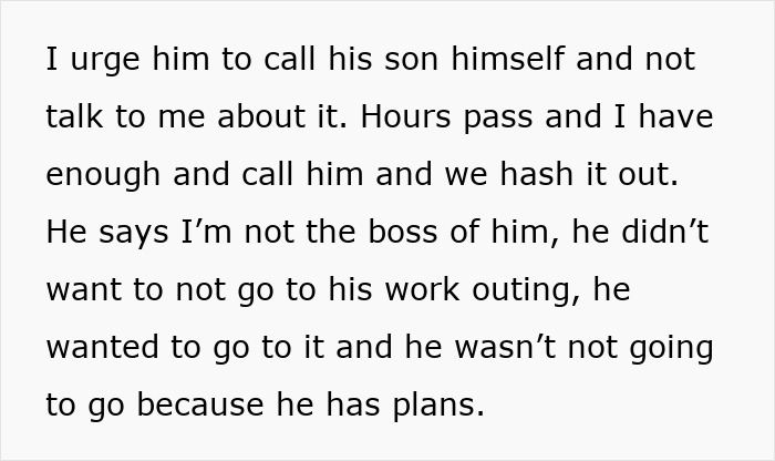 Text excerpt showing a grandpa refusing babysitting duty to attend a work outing despite pressure from family. - 22