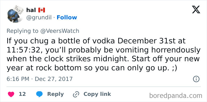 Tweet about drinking vodka on New Year's Eve causing vomiting, illustrating relatable memes for people around 30.