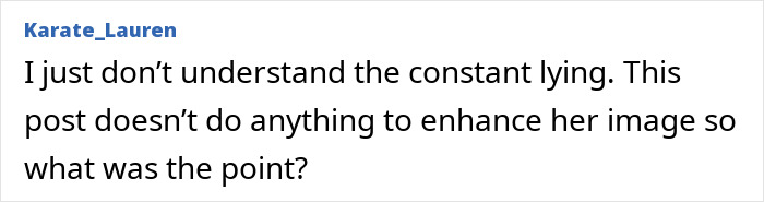 Comment by user Karate_Lauren expressing confusion about constant lying and questioning the point of a post that doesn't enhance Meghan Markle's fruit-picking photo image.
