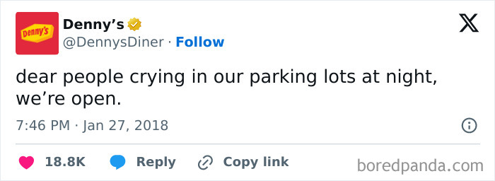 Tweet from Denny’s official social media account humorously addressing nighttime visitors, showcasing funniest social media posts.