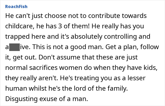 Comment about mom facing money issues as husband tells her to budget, discussing control and financial struggles in family. Comment about mom facing money issues as husband tells her to budget, discussing control and financial struggles in family.