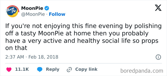 Tweet from official MoonPie social media account sharing a funny message about enjoying a MoonPie at home during the evening.