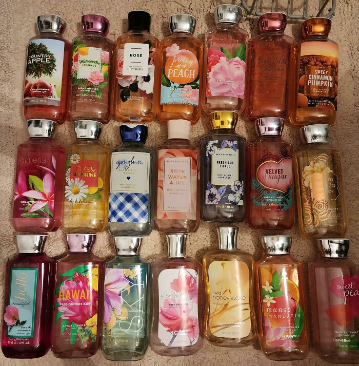 Collection of scented shower gels showing trends contributing to overconsumption in personal care products. - 30