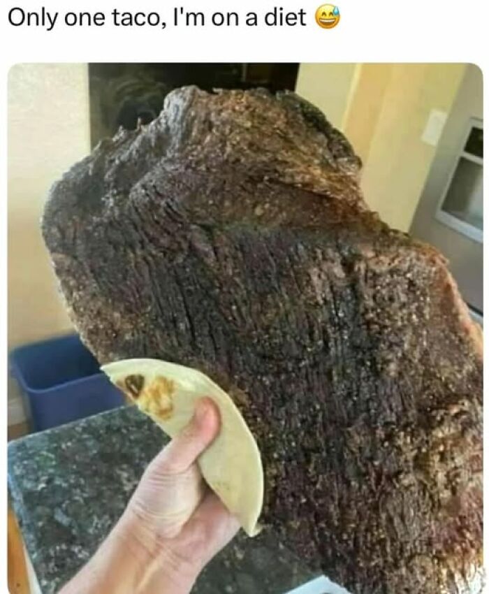 Hand holding an oversized piece of grilled meat with a small tortilla, funny meme about being Hispanic and tacos.