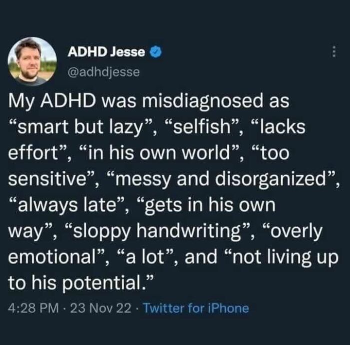Tweet from ADHD Jesse describing common misdiagnoses and misconceptions about ADHD by neurodivergents.