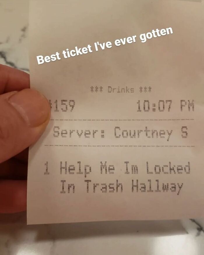 Receipt with humorous message held by hand, featuring relatable chef memes about kitchen humor and restaurant work.