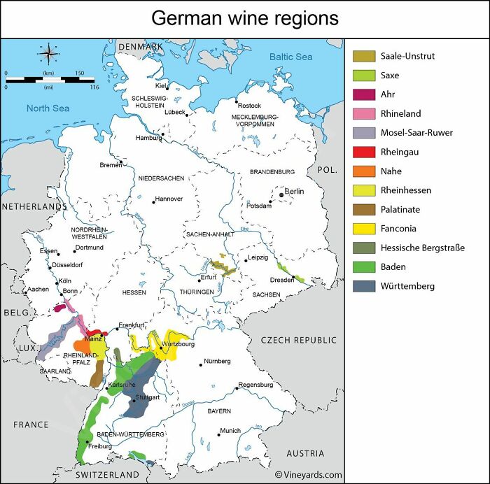 Map showing German wine regions with color-coded areas and major cities for Simon Shows You Maps SEO keyword.