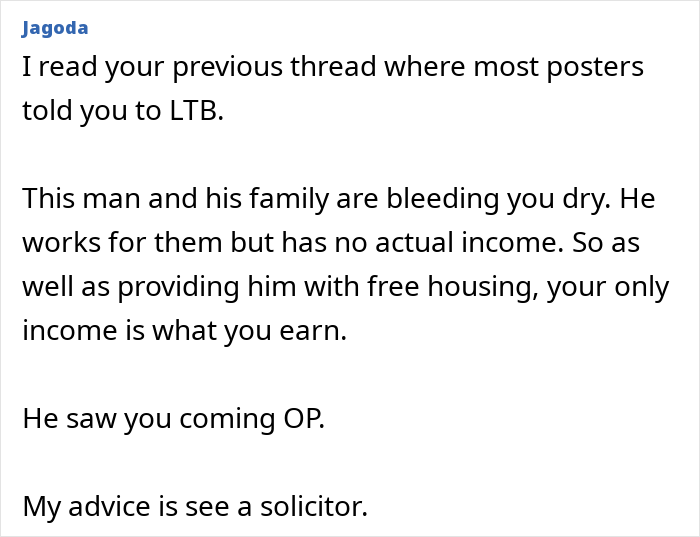 Screenshot of a forum post advising a woman about her husband and his family, related to woman discovers husband texting mother betrayal.