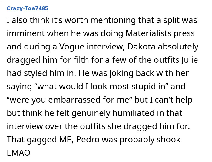 Comment discussing Pedro Pascal's stylist split amid controversy from Twitter rants and fan reactions.