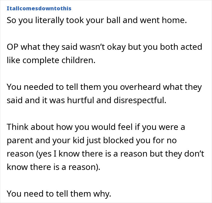 Comment criticizing behavior after overhearing boyfriend&rsquo;s parents talking, expressing shock and refusal to see them again.
