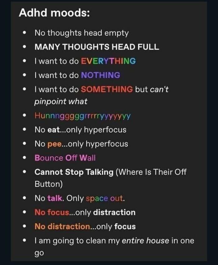 List of ADHD moods showing hyperfocus, distraction, and emotional fluctuations relatable to neurodivergents.