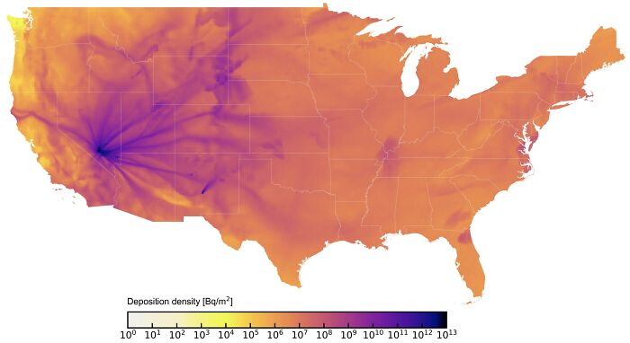 Heat map of deposition density across the United States showing varied intensities in a detailed data visualization map.
