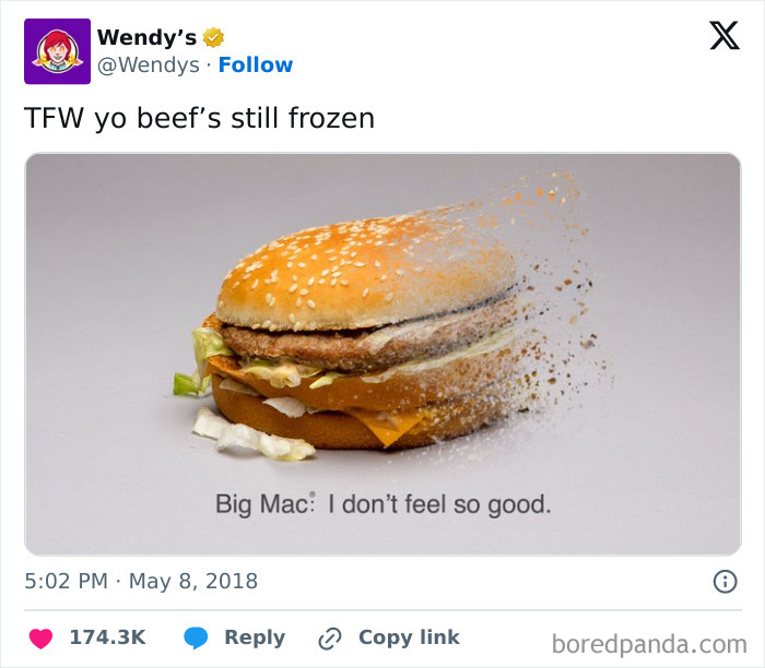 Wendy’s funny Twitter post with a disappearing Big Mac burger, highlighting humor in official social media accounts.