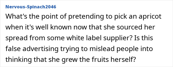 User comment questioning the authenticity of Meghan Markle&rsquo;s fruit-picking photo amid accusations of false advertising.