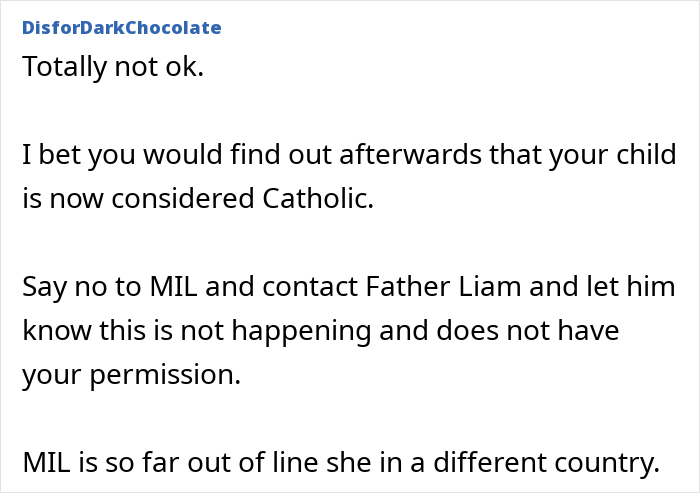 Comment discussing MIL demands for a more Christian baby name and mom feeling uncomfortable about it.