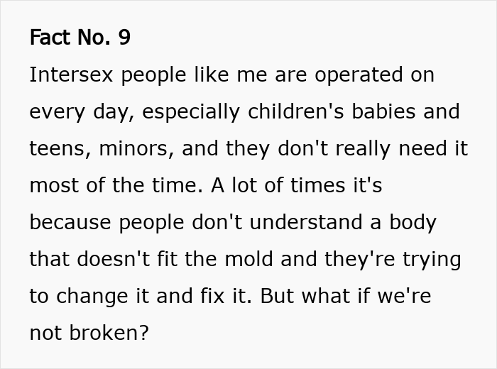 Fact text explaining intersex experiences with surgeries, highlighting differences of intersex woman with XY chromosome. - 11