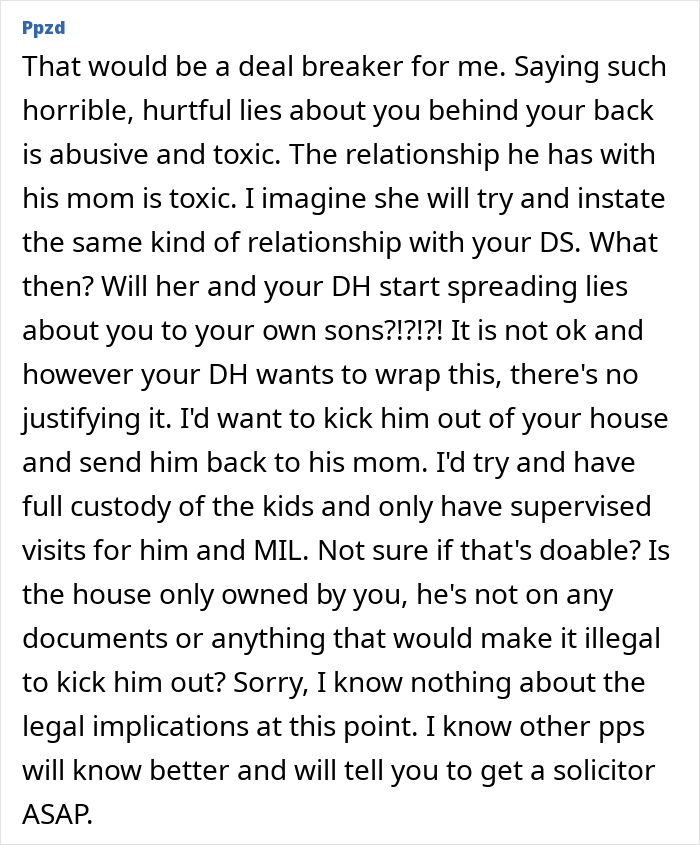 Alt text: Woman upset reading toxic texts from husband to his mother about lies and family conflicts at home