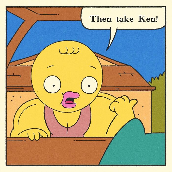 Colorful comic scene showing a cartoon duck character driving a red car past a house with a backyard grill overturned.