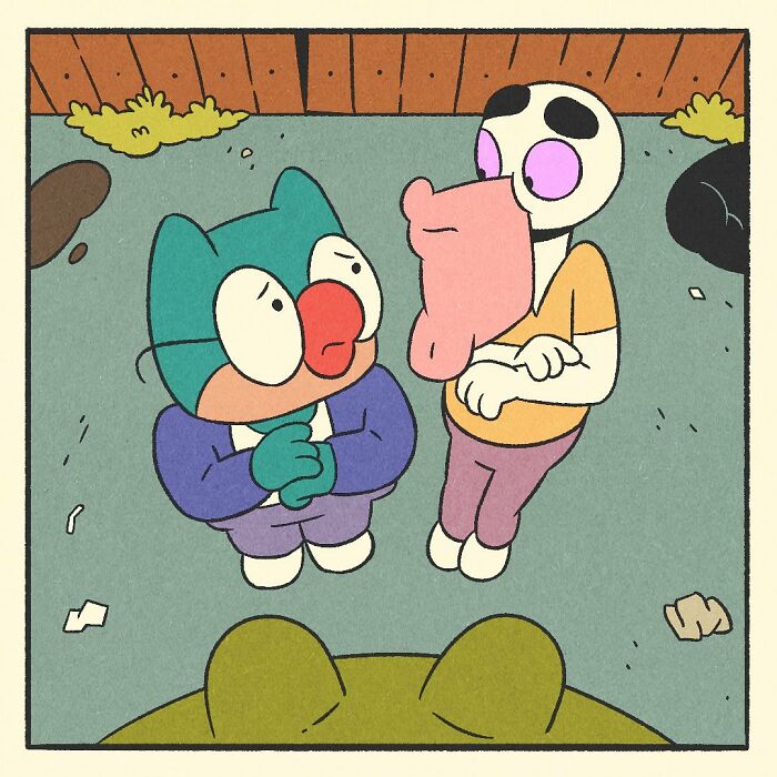 Cartoon comic featuring a bodybuilding duck character with a soft heart standing by a door with no entry sign.