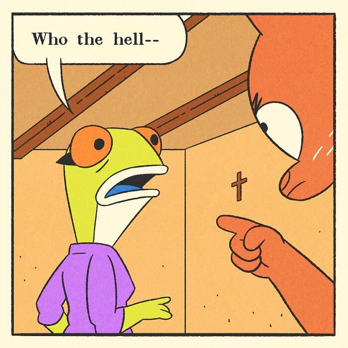 Comic illustration of a bodybuilding duck with a soft heart gently holding a small bird in a cozy living room.