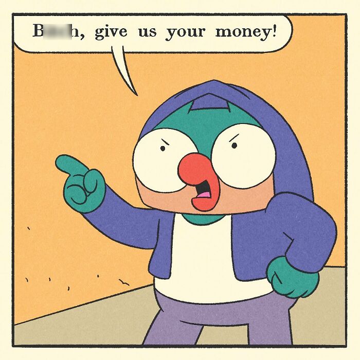 Bodybuilding duck with a soft heart and a worried cat character sitting in a car, expressing they make a bad team.