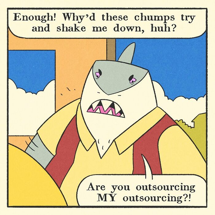 Comic illustration of a bodybuilding shark holding two cartoon characters, featuring a bodybuilding duck theme with a soft heart concept.