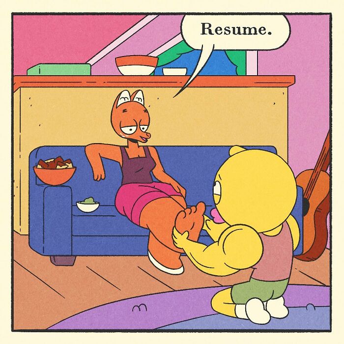 Muscular yellow duck gently massaging the foot of a relaxed fox character in a colorful comic scene.