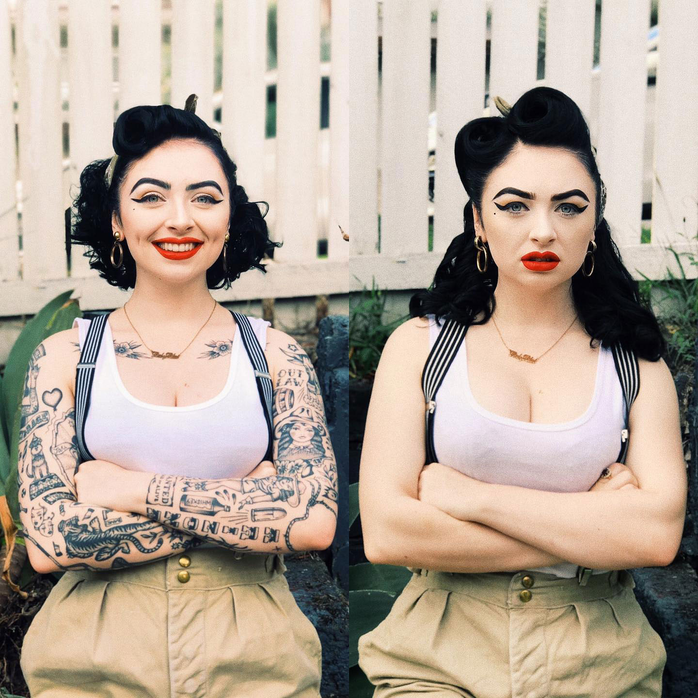 Woman with tattoo body suit transformation showing full arm tattoos and plain arms in side-by-side portrait images - 3