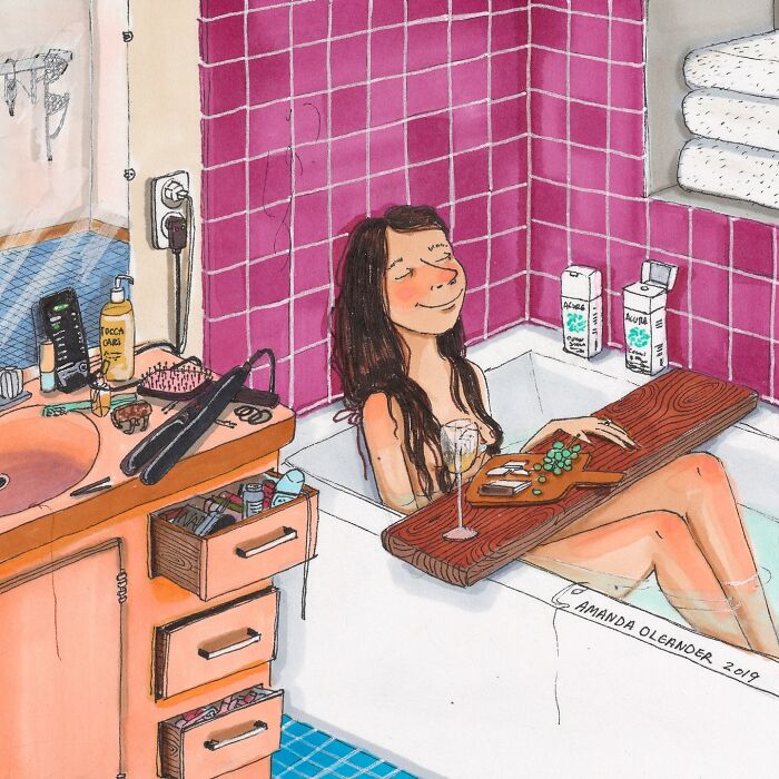Illustration by Amanda Oleander of a woman relaxing in a bathtub, capturing the beauty of everyday moments with details.
