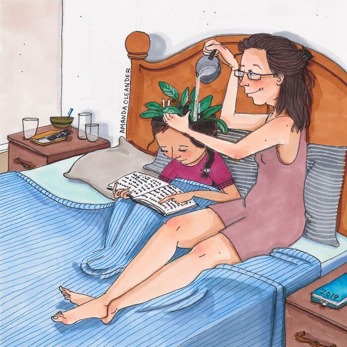 Illustration by Amanda Oleander showing a woman watering a plant growing from a child's head in a cozy bedroom scene.