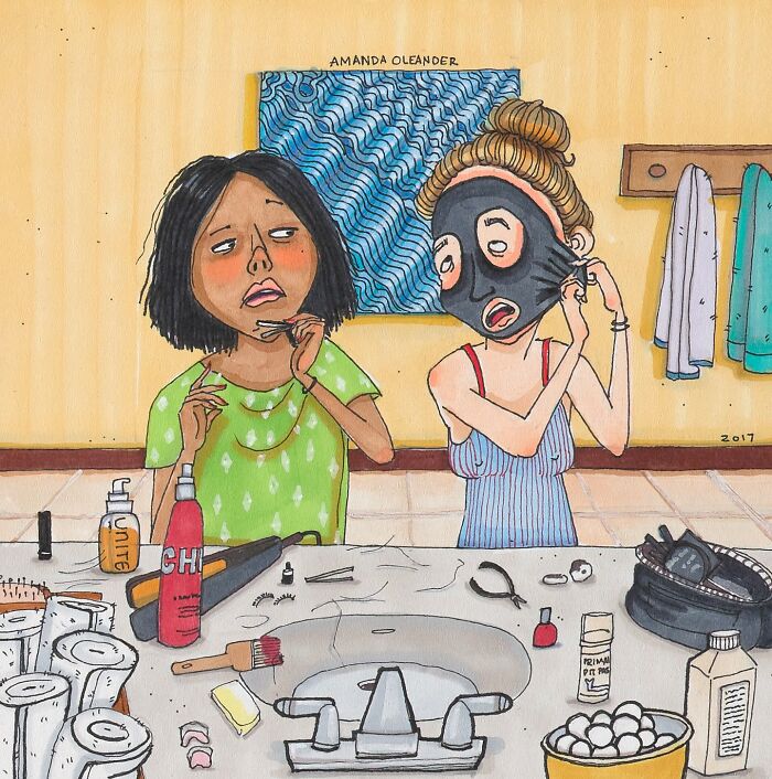 Illustration by Amanda Oleander showing two women getting ready, capturing beauty of everyday moments in a bathroom setting.