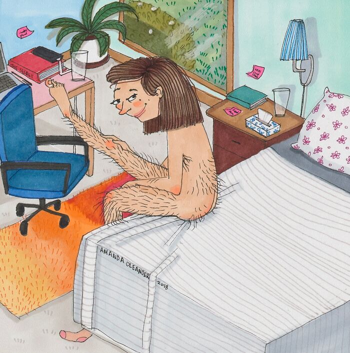 Illustration by Amanda Oleander showing a hairy woman sitting on a bed stretching in a colorful bedroom scene.