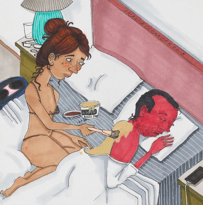 Illustration by Amanda Oleander showing a woman painting aloe on a sunburned man’s back in an intimate moment.