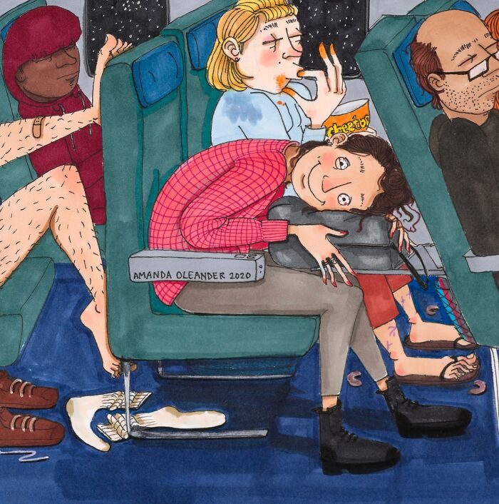Illustration by Amanda Oleander showing everyday moments of tiredness and snacking on a crowded airplane with passengers seated nearby.