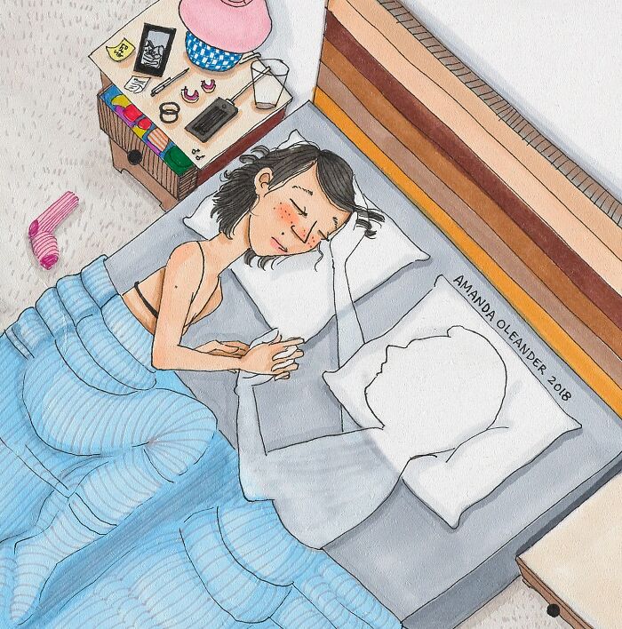 Illustration by Amanda Oleander showing a woman holding hands with an outlined figure lying in bed, capturing everyday moments.
