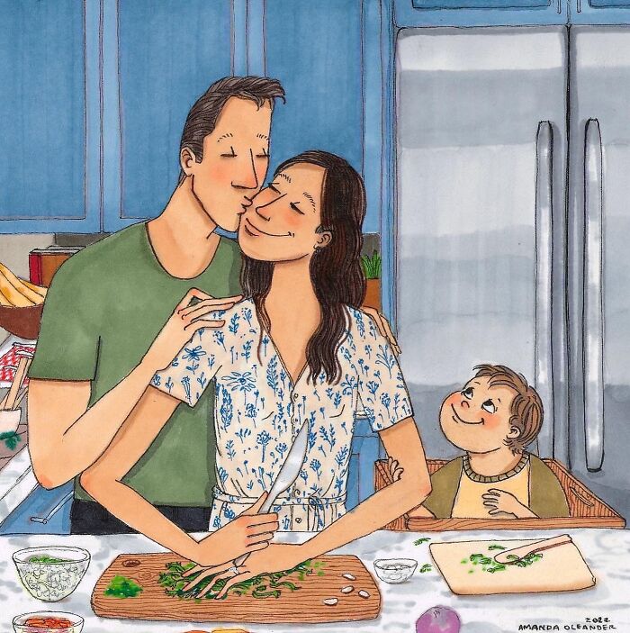 Couple shares a tender moment while cooking in the kitchen, with child watching, in an illustration capturing everyday beauty.