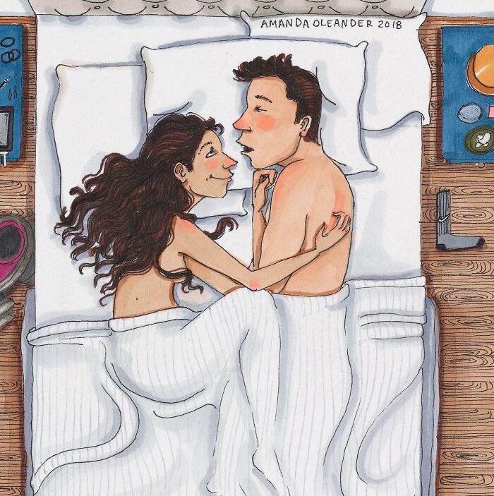 Illustration by Amanda Oleander of a couple sharing an intimate, everyday moment lying in bed together.