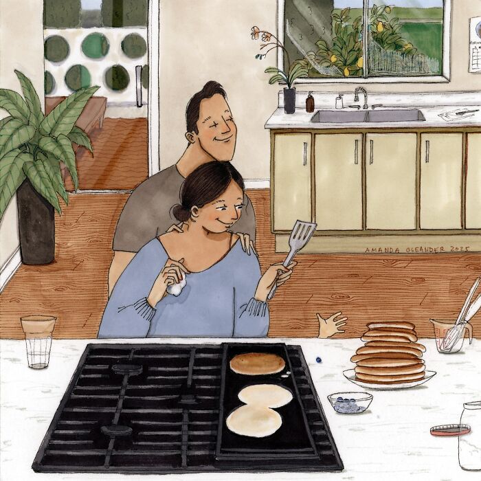 Illustration by Amanda Oleander showing a couple cooking pancakes together, capturing the beauty of everyday moments.